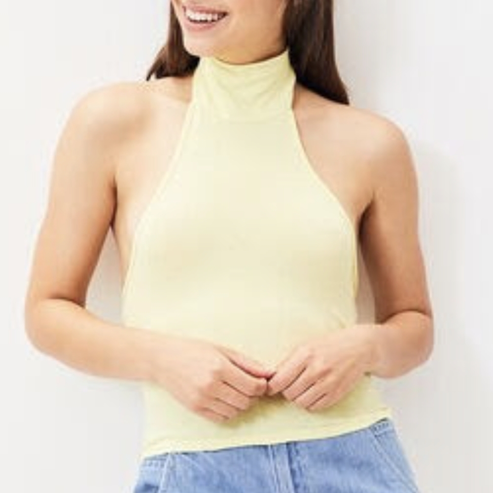 Yellow Mock Neck Backless Halter Top